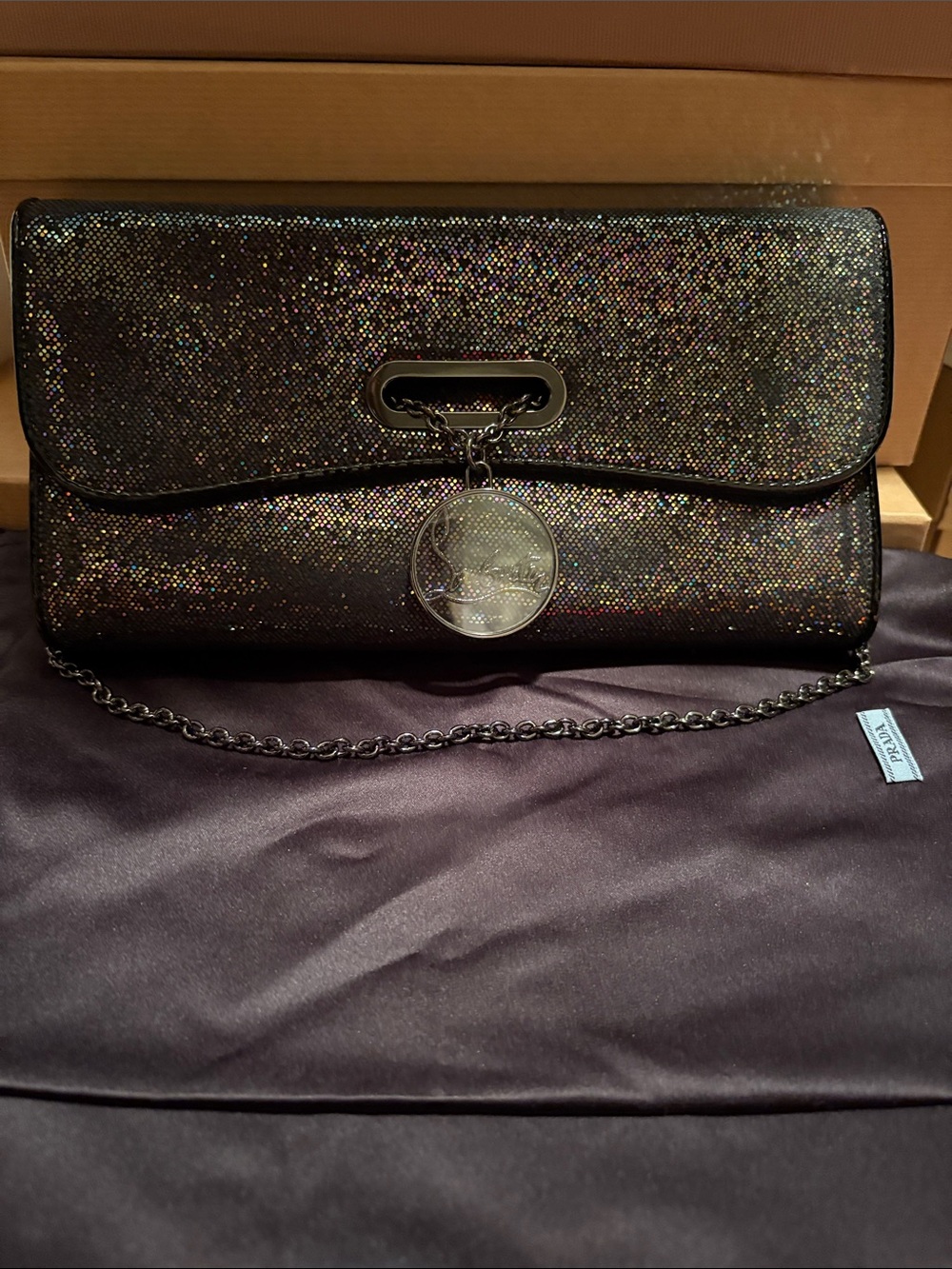 Christian Louboutin Black Glitter Chain Clutch with Silver Medallion Charm